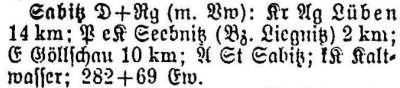Sabitz in: Alphabetisches Verzeichnis sämtlicher Ortschaften der Provinz Schlesien 1913
