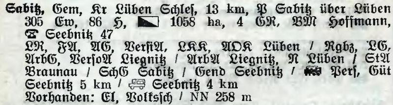 Sabitz in: Alphabetisches Verzeichnis der Stadt- und Landgemeinden im Gau Niederschlesien 1939