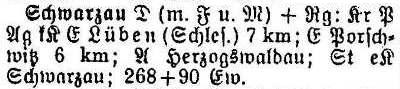 Schwarzau in: Alphabetisches Verzeichnis sämtlicher Ortschaften der Provinz Schlesien 1913