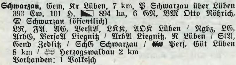 Schwarzau in: Alphabetisches Verzeichnis der Stadt- und Landgemeinden im Gau Niederschlesien 1939