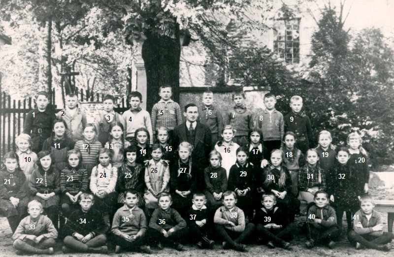 Volksschule Seebnitz im Jahr 1934 mit Lehrer Fritz Tschöpel