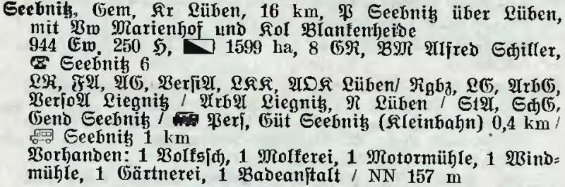 Seebnitz in: Alphabetisches Verzeichnis der Stadt- und Landgemeinden im Gau Niederschlesien 1939