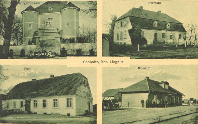 Kriegerdenkmal, Pfarrhaus, Post, Bahnhof der Kleinbahnstrecke Lüben-Kotzenau