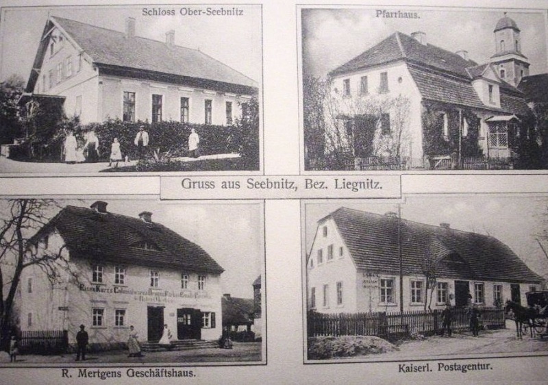 Schloss Ober-Seebnitz, Pfarrhaus, Robert Mertgens Geschäftshaus, Kaiserliche  Postagentur