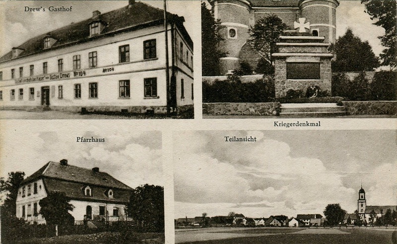 Seebnitz Kreis Lüben: Drew's Gasthof, Kriegerdenkmal, Pfarrhaus, Teilansicht