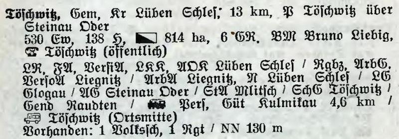 Informationen über Töschwitz aus: Alphabetisches Verzeichnis der Stadt- und Landgemeinden im Gau Niederschlesien 1939