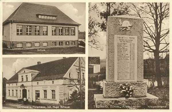 Schule, Gasthaus und Fleischerei, Inhaber Hugo Scheuer, Kriegerdenkmal 1914-1918