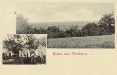 Schloss Töschwitz (Obergut) und Blick auf das Dorf