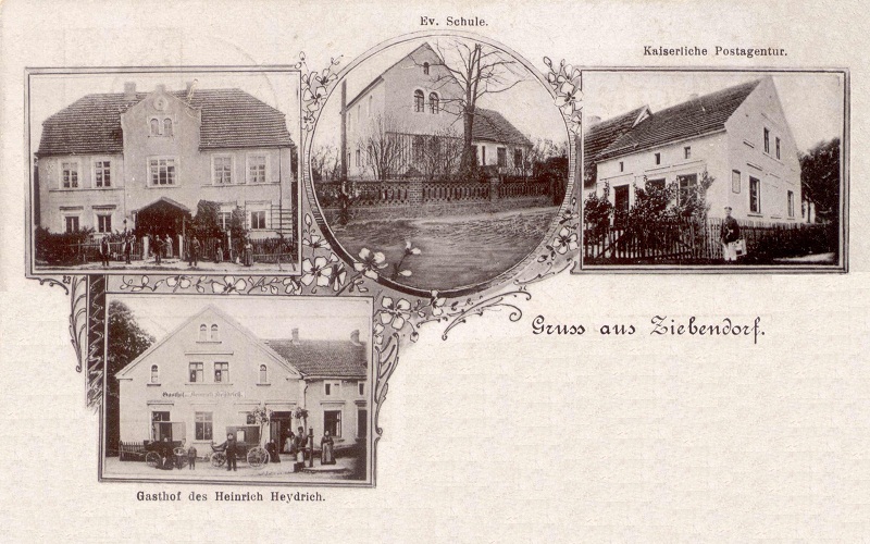 1900: Wohnhaus mit Bewohnern, Ev. Schule, Kaiserliche Postagentur mit kaiserlichem Briefträger, Gasthof Heinrich Heydrich