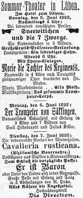 Anzeige im Lübener Stadtblatt vom 4.6.1892