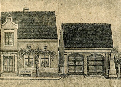Links die Stadt-Buchdruckerei, rechts der Feuerwehrschuppen